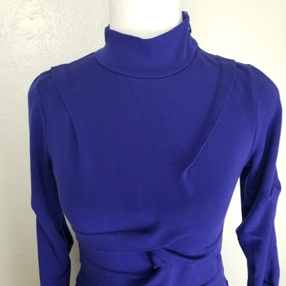 Nicole Miller Studio One Mock Neck Pleated Fitted Dress Blue Small - Picture 6 of 16